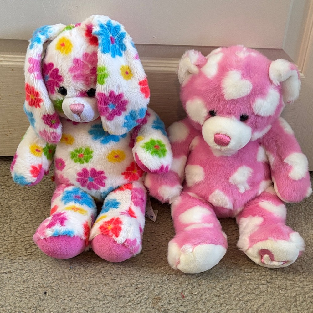 Build-A-Bear Colorful Floral Bunny and Pink Heart Teddy Bear Set